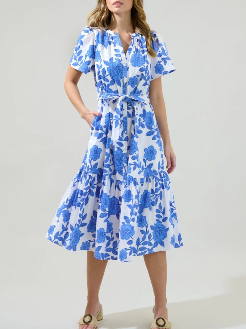 Sugarlips Glantis Floral Cora Button Up Midi Dress - White/Blue Multi